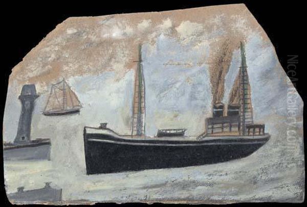 Fishing Boat, Sailing Boat And Lighthouse Oil Painting by Alfred Wallis