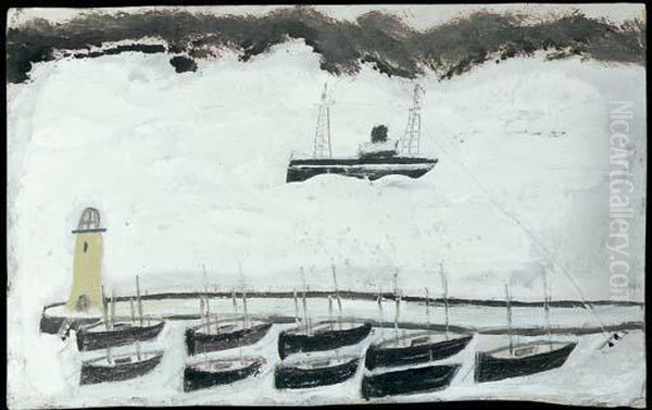 Fishing Boat And Nine Small Boats In A Harbour Oil Painting by Alfred Wallis