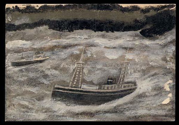 Two Ships In Rough Sea Oil Painting by Alfred Wallis