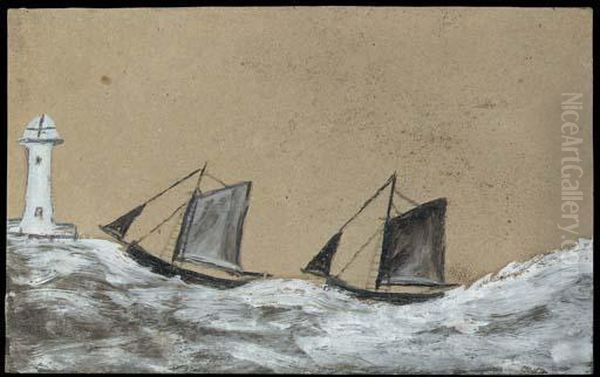 Two Sailing Boats And A Lighthouse On A Choppy Sea Oil Painting by Alfred Wallis