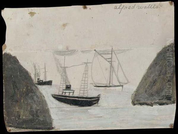 Two Trawlers And A Sail Boat Oil Painting by Alfred Wallis