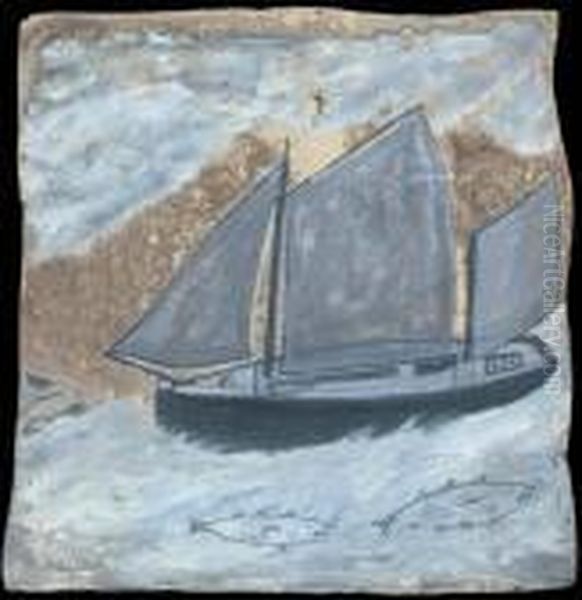 Boat In Sail With Two Large Fish Oil Painting by Alfred Wallis