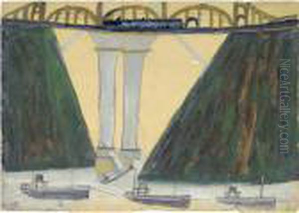 Saltash Bridge Oil Painting by Alfred Wallis