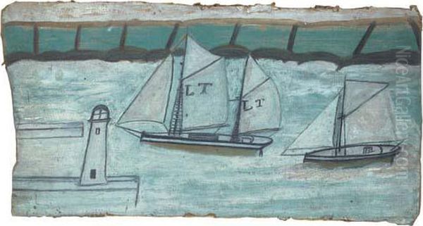 Two Sailing Boats Entering Harbour Oil Painting by Alfred Wallis