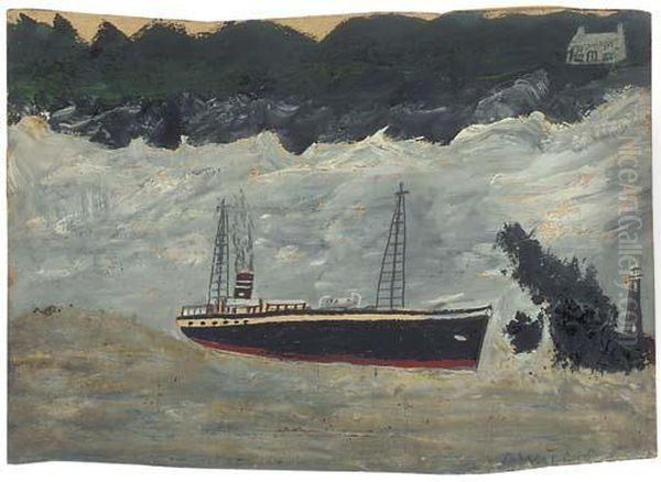 Steamer Approaching Lighthouse Oil Painting by Alfred Wallis