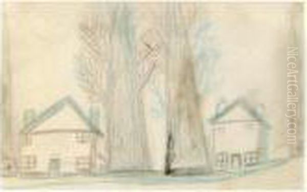 Two Houses And Two Trees Oil Painting by Alfred Wallis