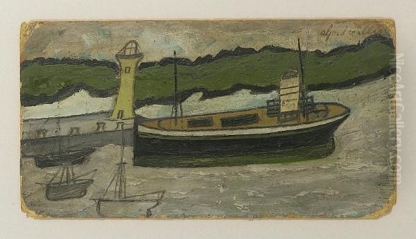 Tug And Lighthouse Oil Painting by Alfred Wallis