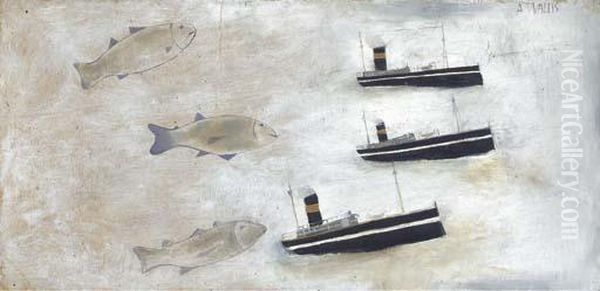 Fish And Trawlers Oil Painting by Alfred Wallis