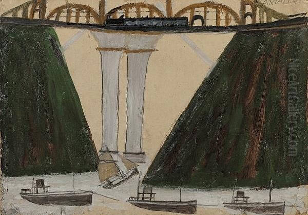 Boats Passing Beneath A Railway Bridge Oil Painting by Alfred Wallis