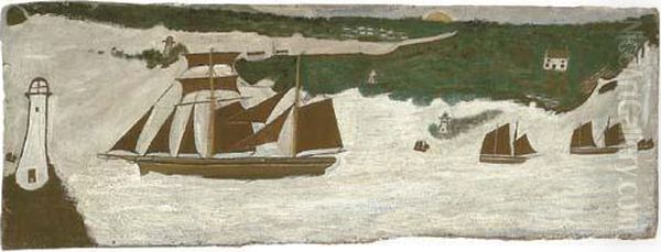 Schooner Passing A Lighthouse Oil Painting by Alfred Wallis