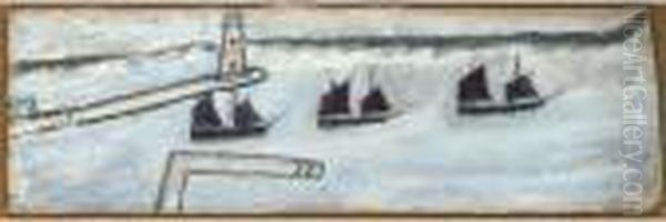 Three Sailing Boats And Lighthouse Oil Painting by Alfred Wallis