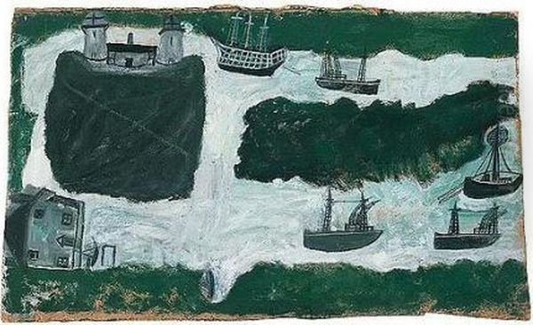 Cornish Coast With Boats In Harbour Oil Painting by Alfred Wallis