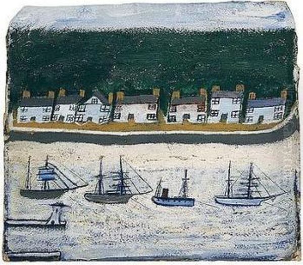 Four Boats Sailing Past A Row Of Seven Houses Oil Painting by Alfred Wallis