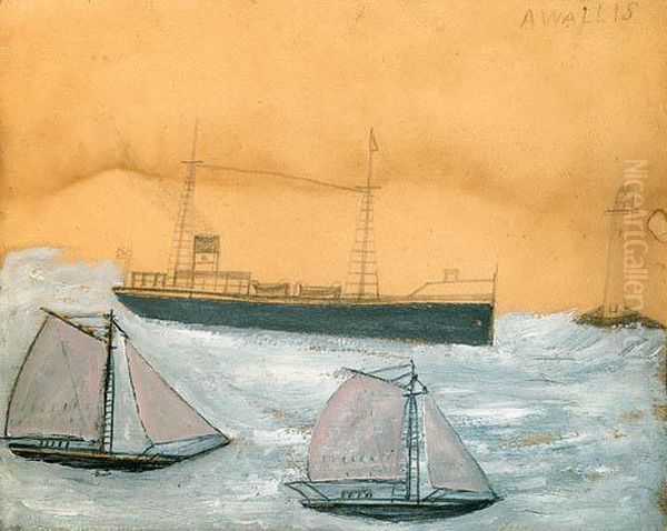 Ships And Lighthouse Oil Painting by Alfred Wallis