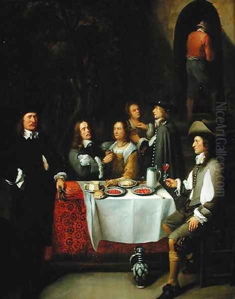 An Elegant Company at a Table on a Terrace, 1660s Oil Painting by Gillis van Tilborgh