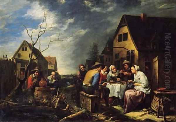 Maids serving peasants outside an inn Oil Painting by Gillis van Tilborgh