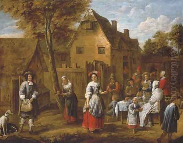 Elegant figures gathering around a table in a courtyard Oil Painting by Gillis van Tilborgh