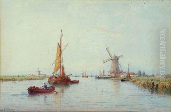 Dutch River Scene With Barges And Windmill Oil Painting by George Stanfield Walters