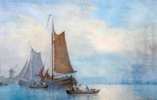 Dutch Barges In A Calm Oil Painting by George Stanfield Walters