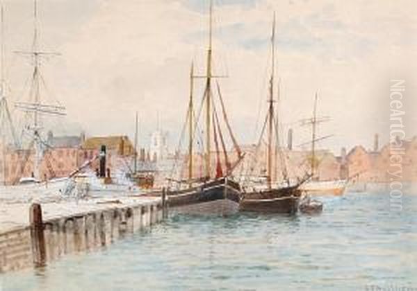 Thames Barges Moored; Discharging Timber Onsouthampton Water Oil Painting by George Stanfield Walters