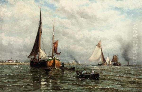 Barges And Other Shipping At The Mouth Of The River Oil Painting by George Stanfield Walters