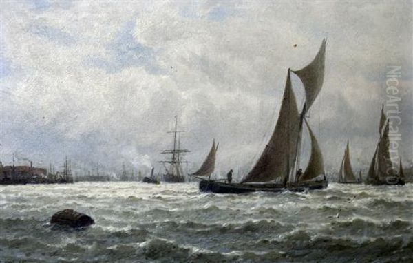 Barges On Blackwall Reach Oil Painting by George Stanfield Walters