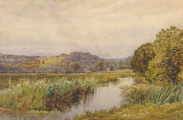 A Pastoral Landscape With A Stream And Cattle Grazing In The Distance Oil Painting by George Stanfield Walters