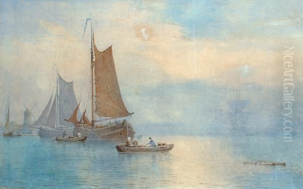 Sailing Boats In A Sea Mist With A Windmill Beyond Oil Painting by George Stanfield Walters