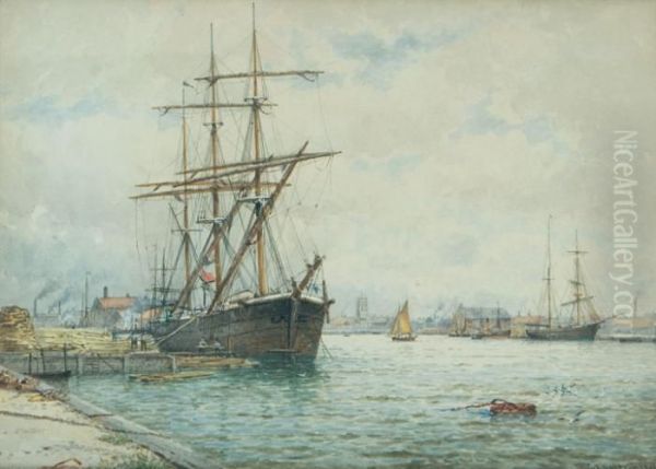 Norwegian Timber Ship Docks-yarmouth. Oil Painting by George Stanfield Walters