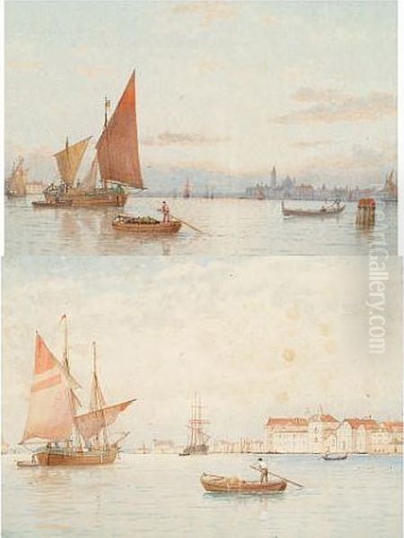 Venetian Lagoon With Fishing Boats And Gondolas,and Another Similar Oil Painting by George Stanfield Walters