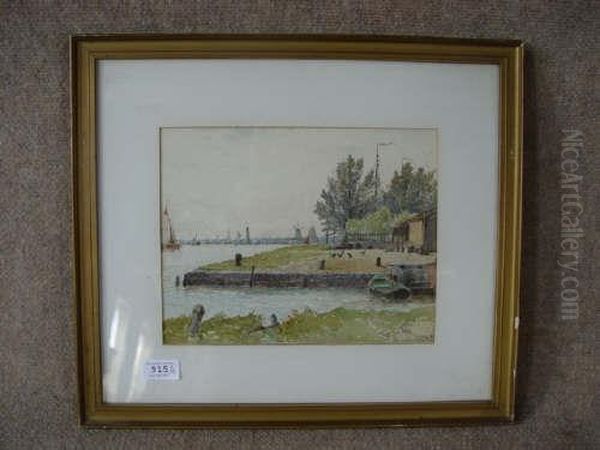 Rba 1938- - Jetty And Estuary Withwindmill Watercolour Initialled Glw/84 9in X 11in Oil Painting by George Stanfield Walters