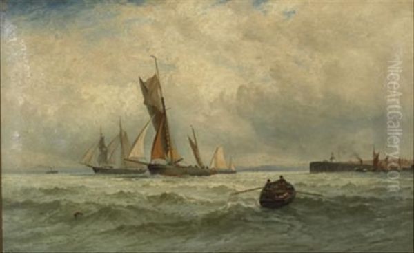 Yachts And Fishing Boats Off A Jetty Oil Painting by George Stanfield Walters