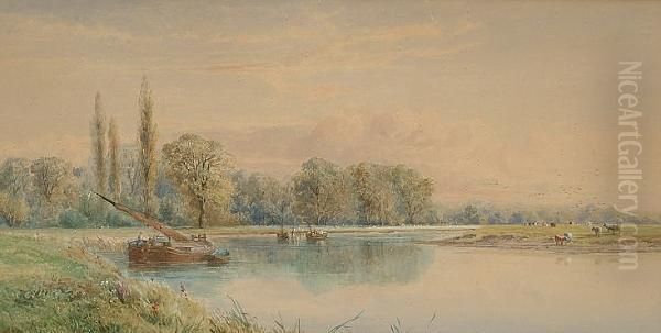 Boat On A River With Cattle Grazing In The Distance Oil Painting by George Stanfield Walters