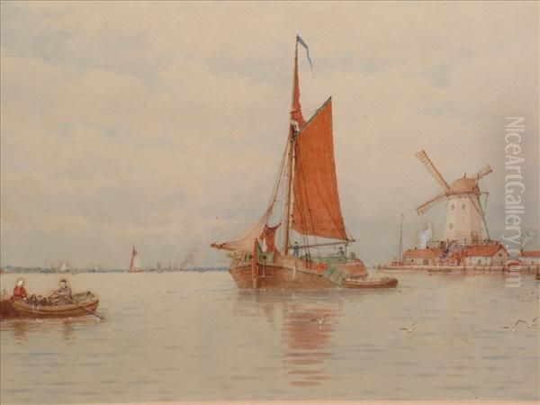 Vesselson The Coast, A Windmill Beyond Oil Painting by George Stanfield Walters