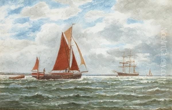 Barge Going Down The Thames; Dutch Boats On The Maas, Holland Oil Painting by George Stanfield Walters