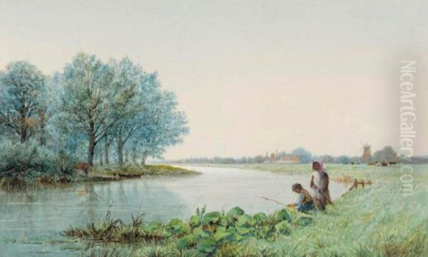 Children Playing By A River, A Village Beyond Oil Painting by George Stanfield Walters