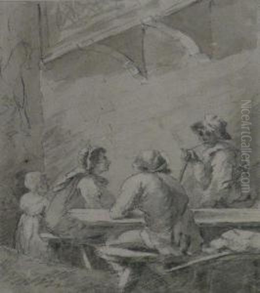 Rustic Figures Outside A Tavern Oil Painting by James Ward