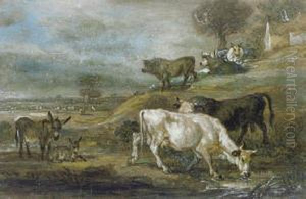 Cattle And A Pair Of Donkeys Grazing In An Extensivelandscape Oil Painting by James Ward