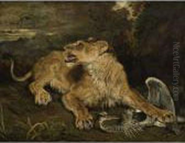 A Lioness With A Heron Oil Painting by James Ward