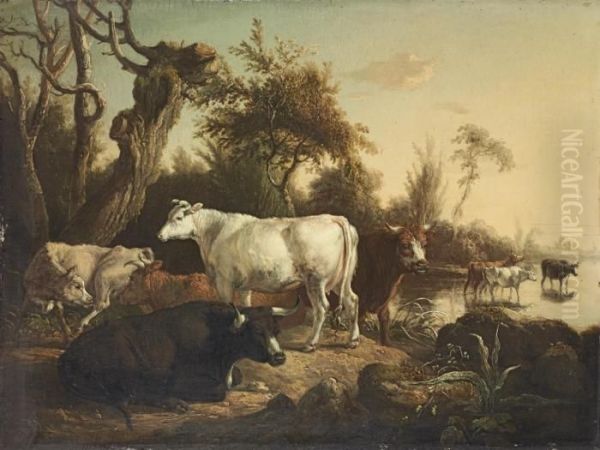 Cattle By A River Oil Painting by James Ward