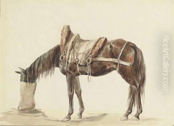 A Saddled Horse Eating From A Feed Bag Oil Painting by James Ward