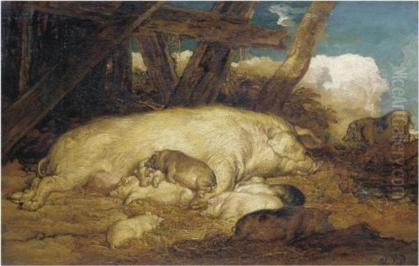 A Sow With Piglets Oil Painting by James Ward