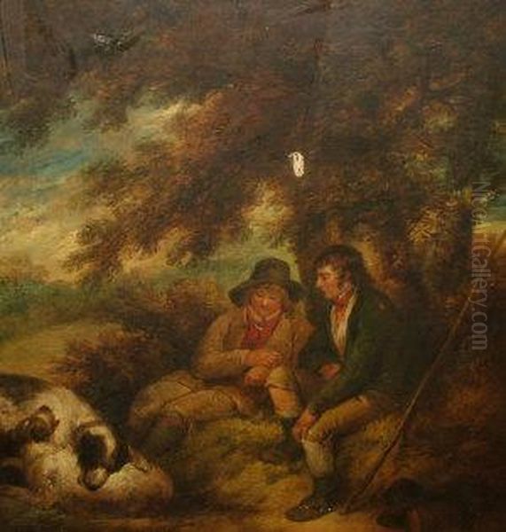 Two Shepherds With Their Dogs Resting Beneath A Tree Oil Painting by James Ward