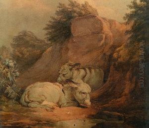 Two Donkeys Resting By A Rocky Outcrop Oil Painting by James Ward