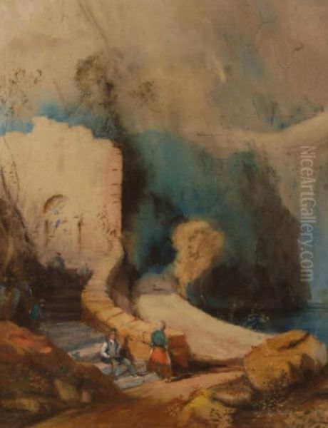 Figures By Old Stone Buildings Oil Painting by James Ward