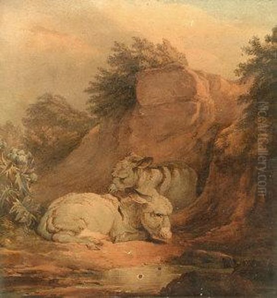 Two Donkeys Resting By A Rock Outcrop; Pen And Brownink And Watercolour Oil Painting by James Ward