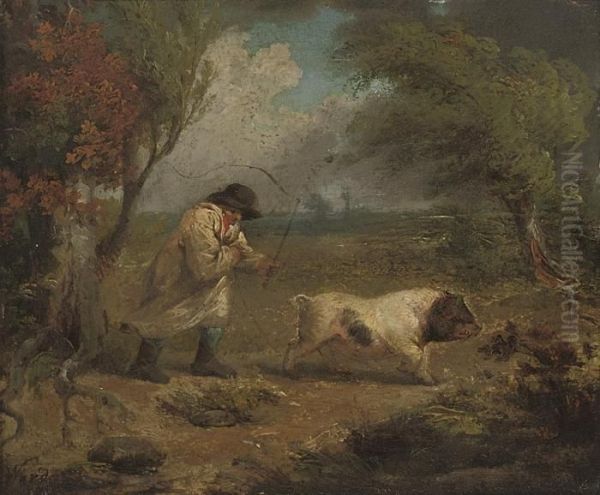 A Man With A Pig In A Landscape Oil Painting by James Ward