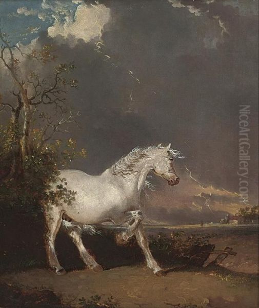 A Startled Grey Stallion In A Landscape Oil Painting by James Ward