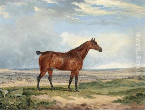 A Bay Hunter In An Extensive Landscape Oil Painting by James Ward