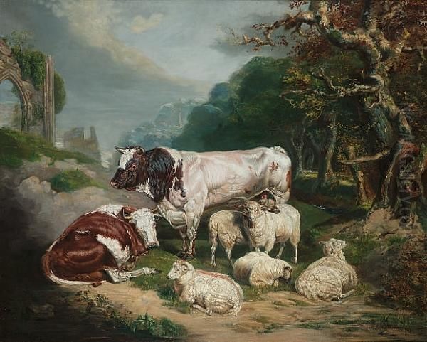 Cattle And Sheep In A Landscape Oil Painting by James Ward